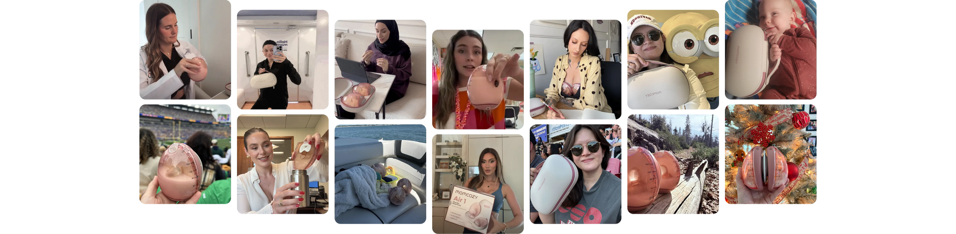 Collage of moms around the world using Momcozy pumps