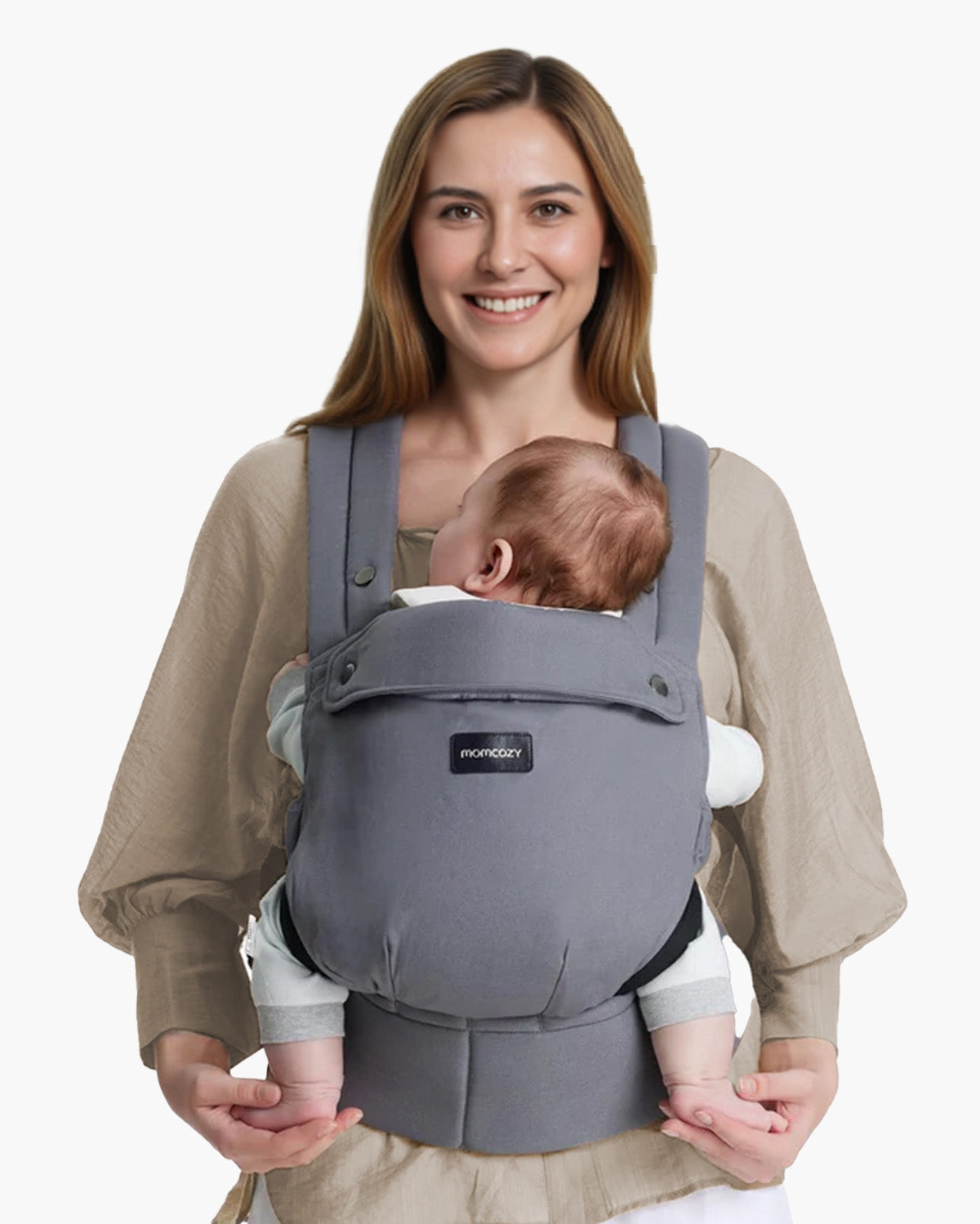 Momcozy PureHug Baby Carrier in Grey, comfortable baby carrier for baby, held by mom, with Momcozy logo