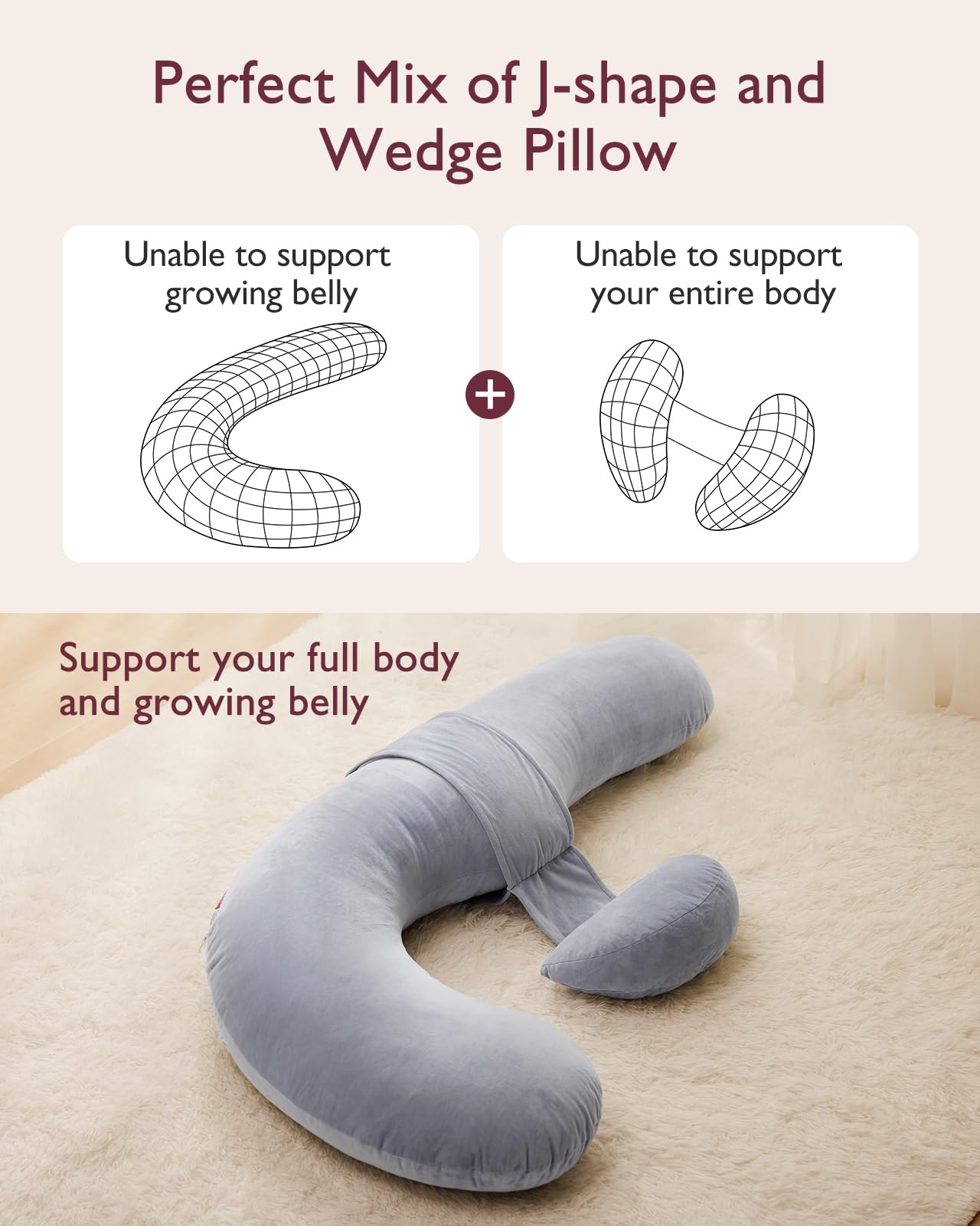 F-shaped pregnancy pillow combining J-shape and wedge for full body & belly support, gray color.