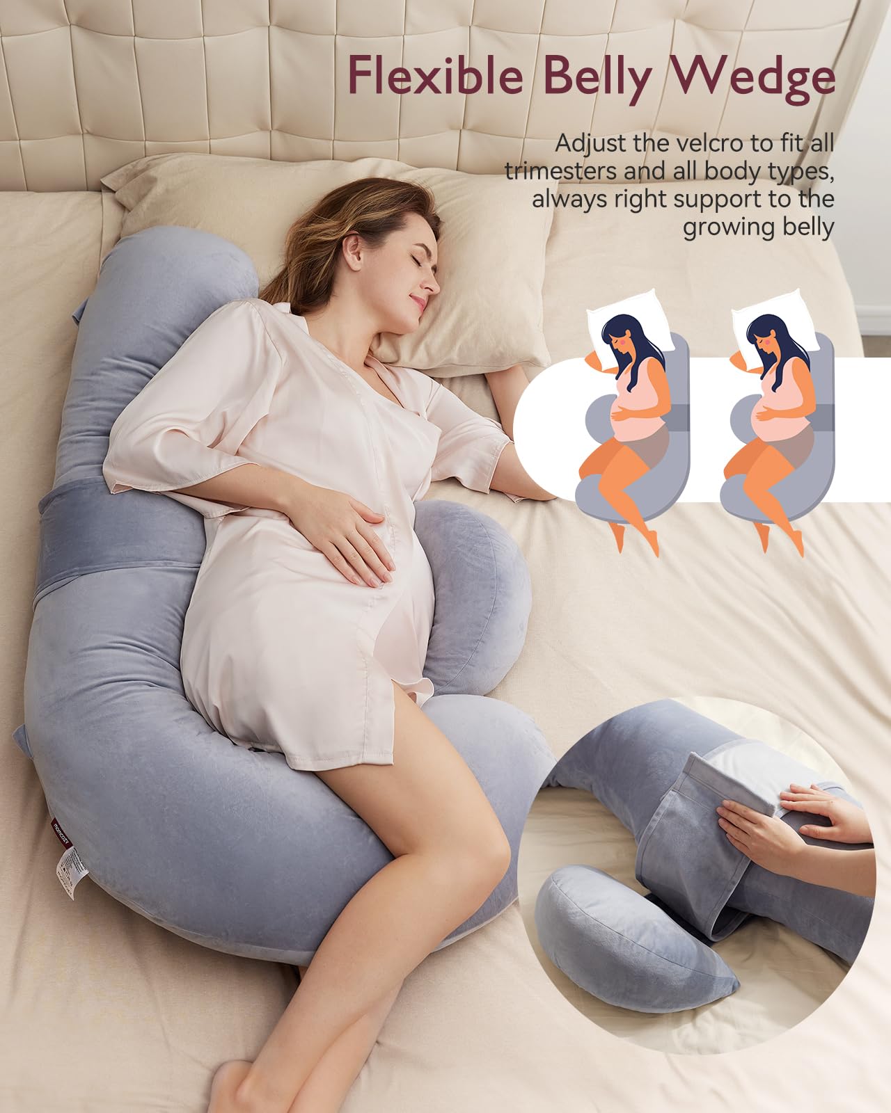 Gray F-shaped pregnancy pillow supporting a pregnant woman for comfortable sleep, adjustable velcro, and full body support.
