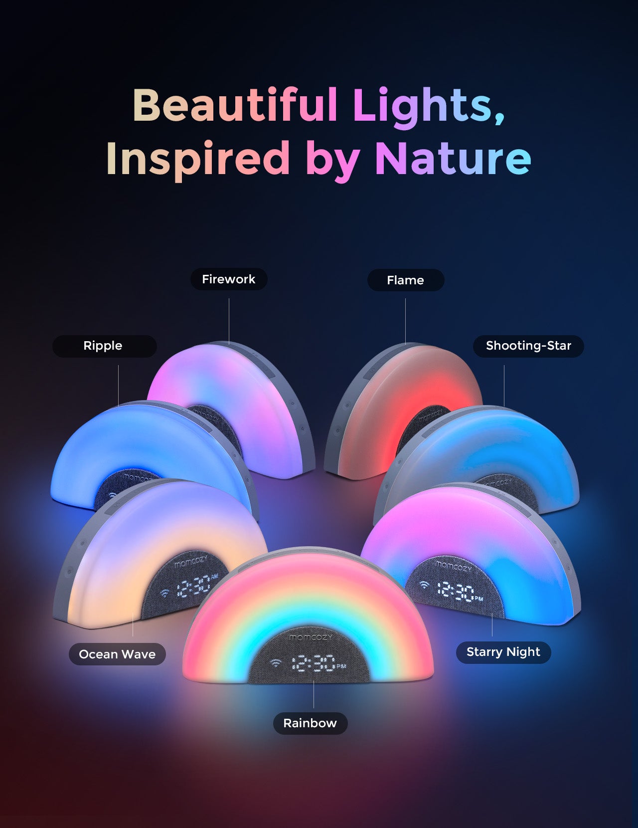 Momcozy DreamSync Smart Baby Sound Machine with rainbow light effects, designed to soothe babies and promote restful sleep.