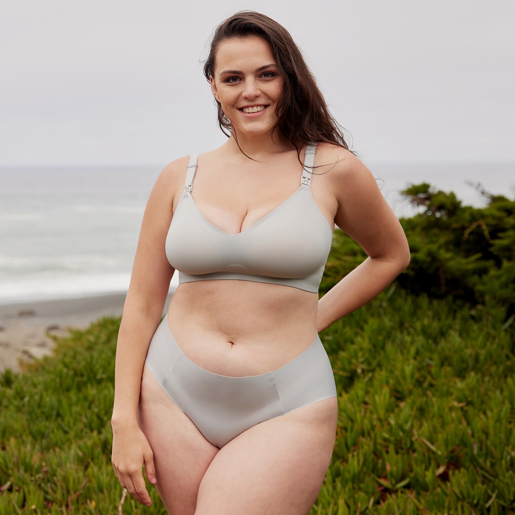 Model in light taupe Ultra Soft YN21 Seamless Nursing Bra & briefs, featuring flattering fit for M5 pump outdoors.