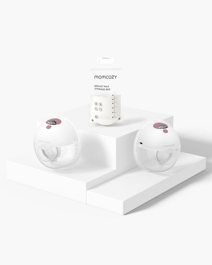 M5 wearable breast pumps and Momcozy breast milk storage bags on display