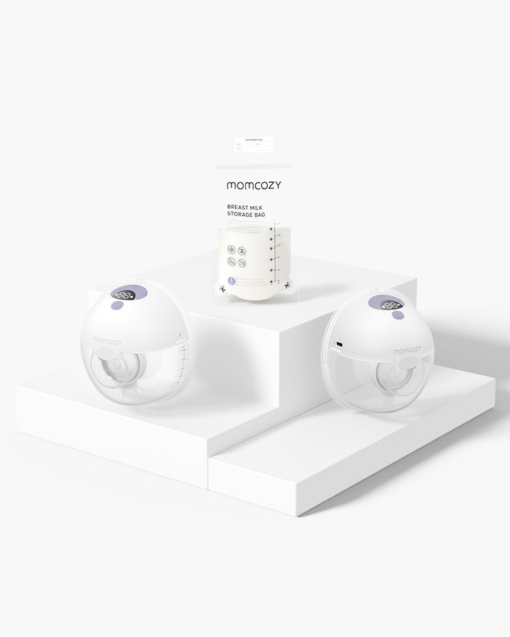 Momcozy M5 wearable breast pumps and breast milk storage bags on geometric podiums