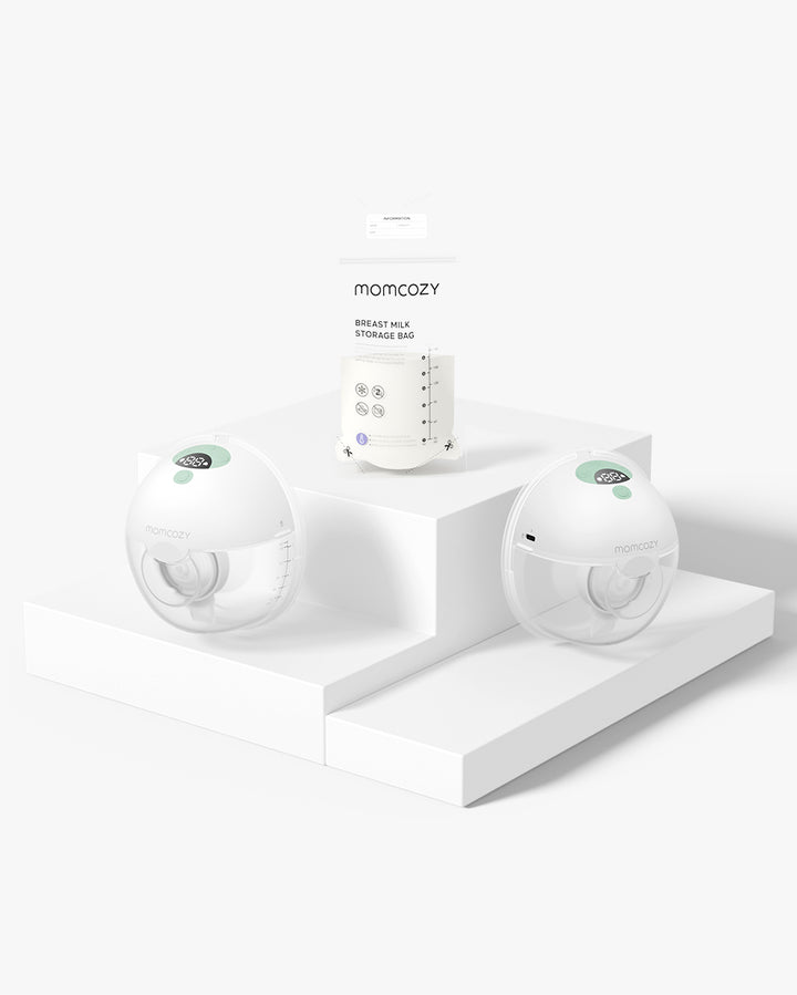 Momcozy M5 wearable breast pumps displayed with breast milk storage bags