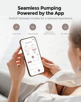 Momcozy Air 1 breast pump app interface: Auto/Manual modes, milk monitoring, full alert. Demonstrates app control.