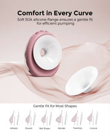 Momcozy Air 1 pink breast pump with silicone flange, gentle fit for diverse breast shapes.