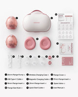 Momcozy Air 1 breast pump kit: pumps, charging case, flange covers, inserts, valves, cables, ruler, guides, manual.