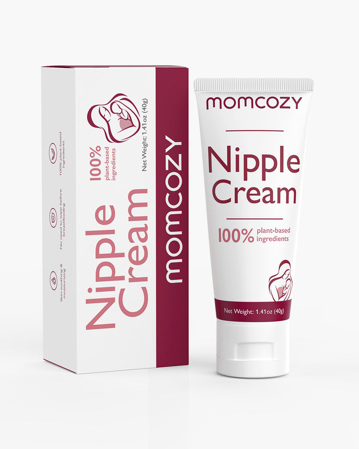 Momcozy Nipple Cream packaging, showing a white box and tube with burgundy text, highlighting 100% plant-based ingredients and 1.41oz net weight