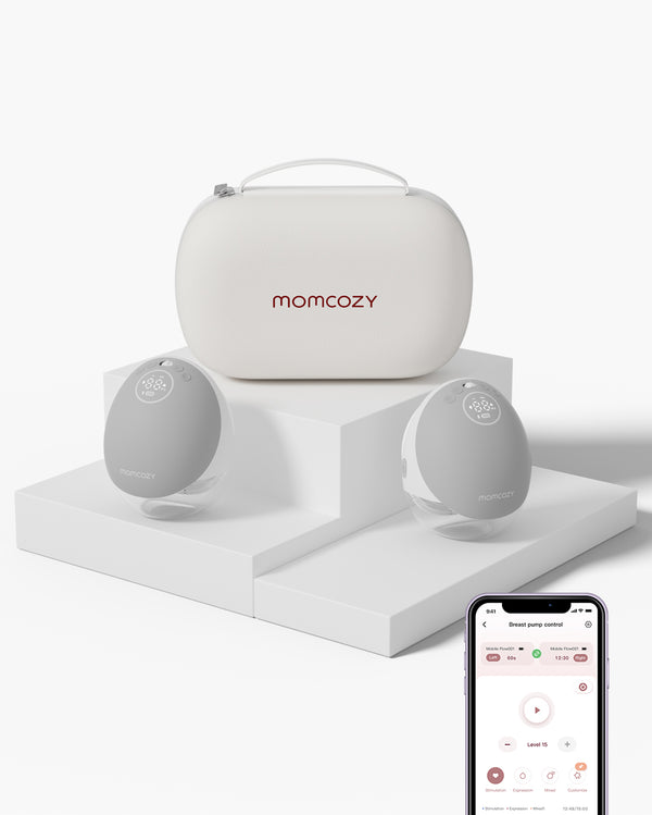 Momcozy Mobile Flow™ hands-free breast pump set features gray pumps and a stylish case, and it can be controlled using a smartphone app.