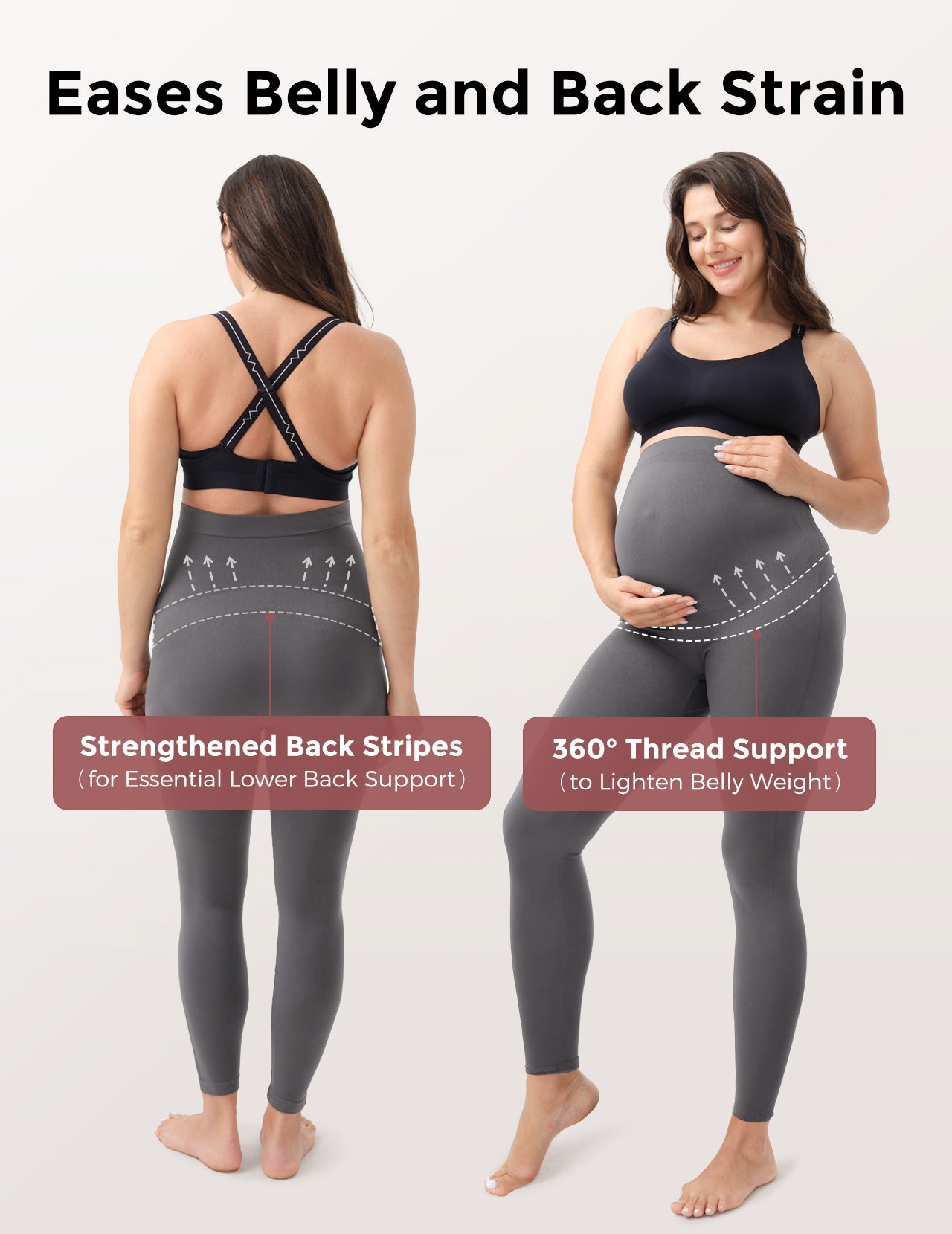 Gray maternity leggings with back support and belly strain relief features.