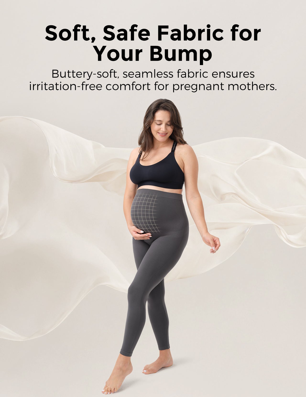 Pregnant woman in gray seamless maternity leggings highlighting comfort and soft fabric.