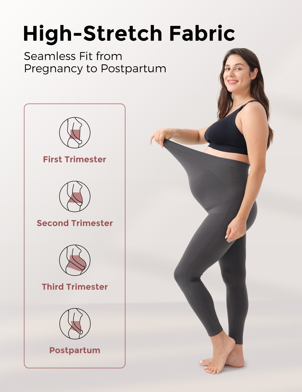 Pregnant woman in grey high-stretch leggings for all pregnancy stages.