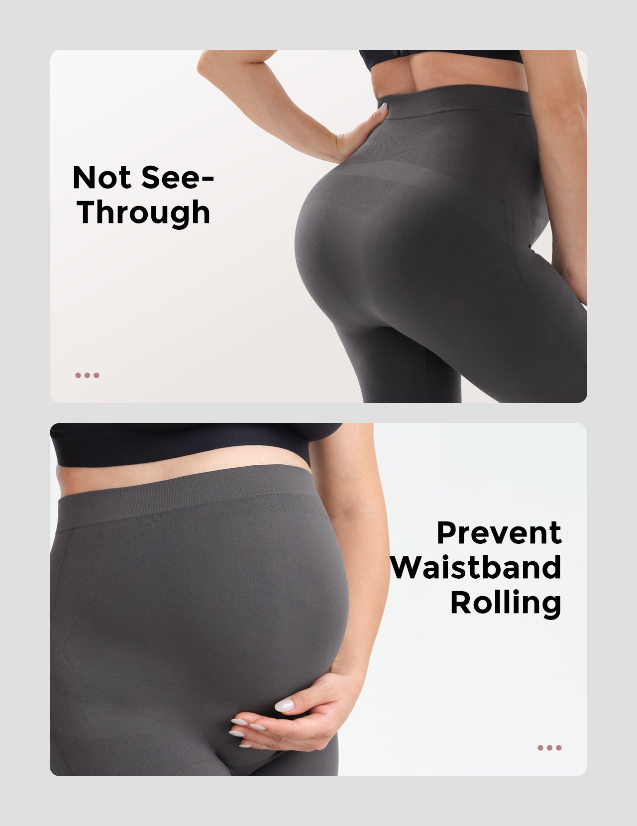 Gray maternity leggings ensuring no-see-through fabric and anti-roll waistband design.