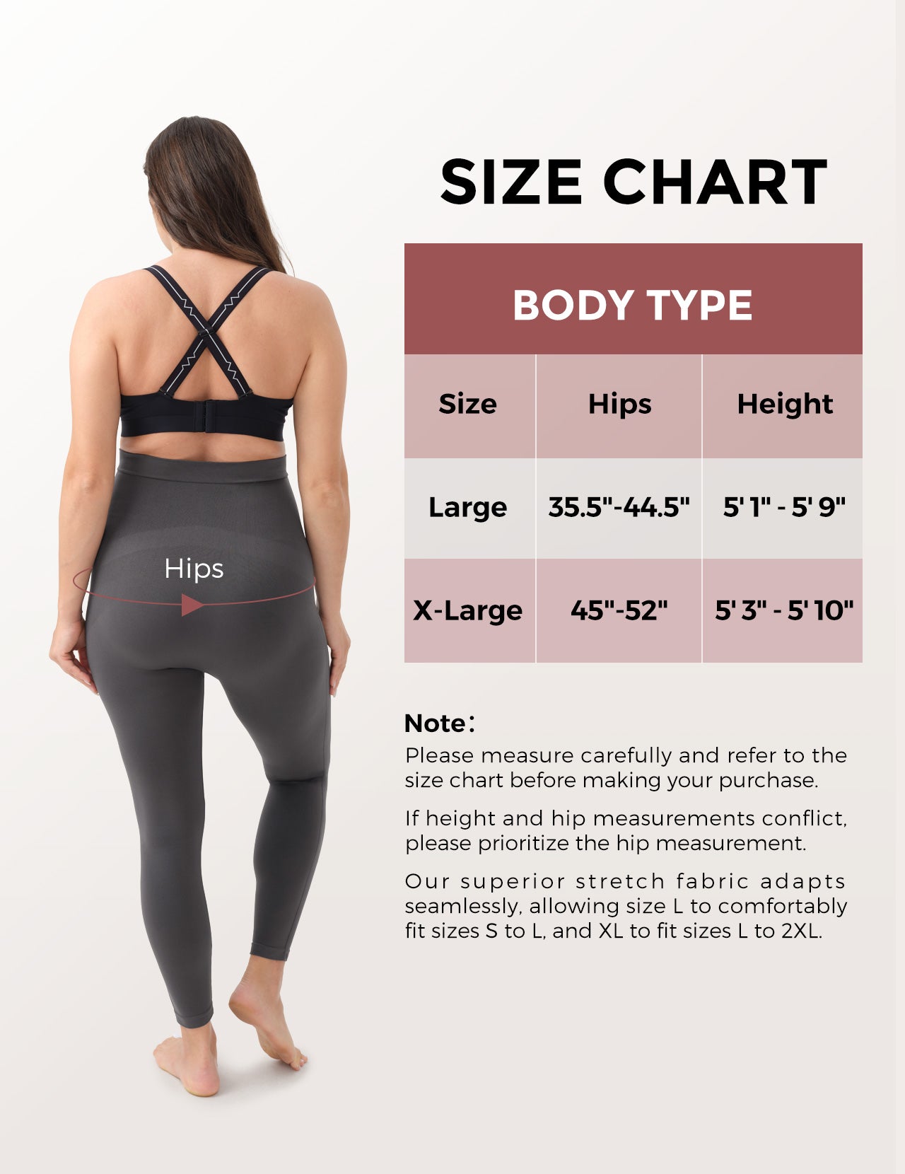 Size chart for maternity leggings showing measurements for Large and X-Large sizes.
