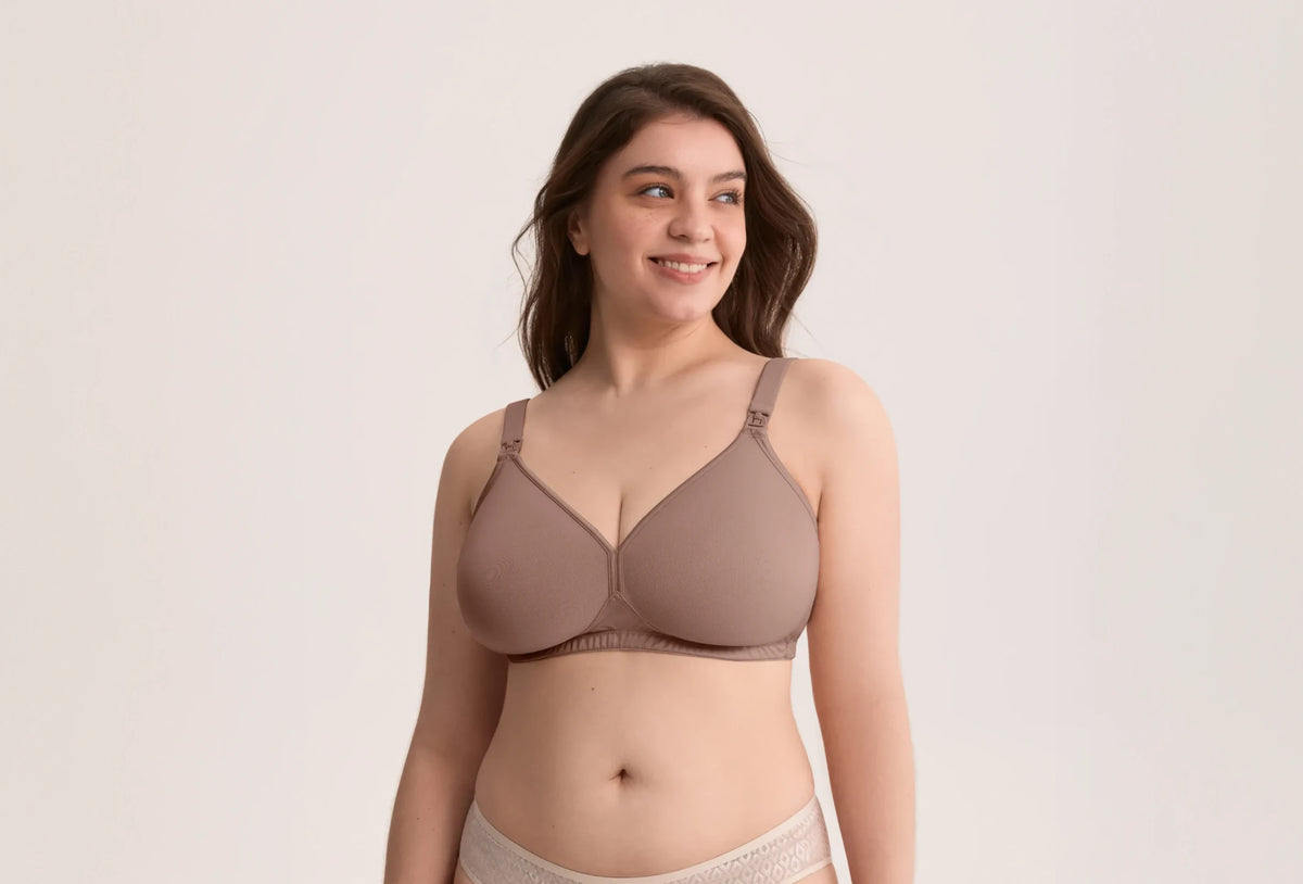 Momcozy AirMesh Busty Nursing Bra in Champagne Nude, studio on-model photo