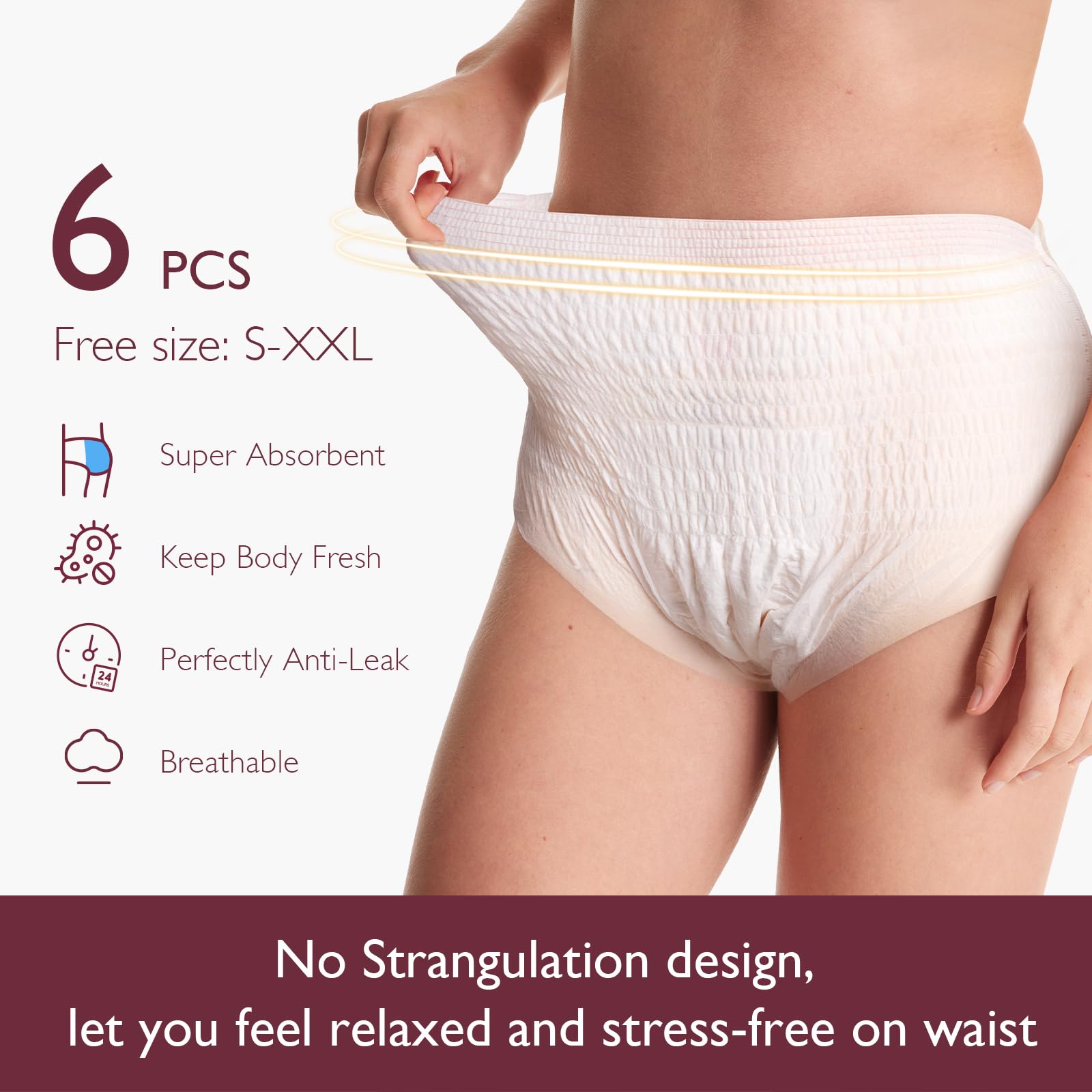 Pack of 6 Momcozy postpartum underwear, super absorbent, breathable, and anti-leak design.
