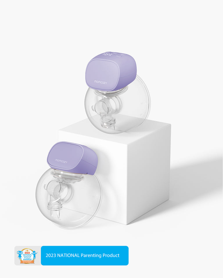 Translation missing: en.The lilac S9 Pro Wearable Breast Pumps, displayed on a pedestal, boast the 2023 National Parenting Product Award badge