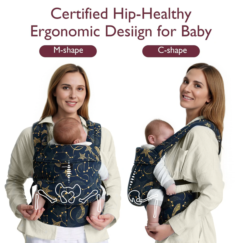 Momcozy PureHug baby carrier, ergonomic design for hip-healthy babywearing, navy blue with star pattern, M-shape and C-shape