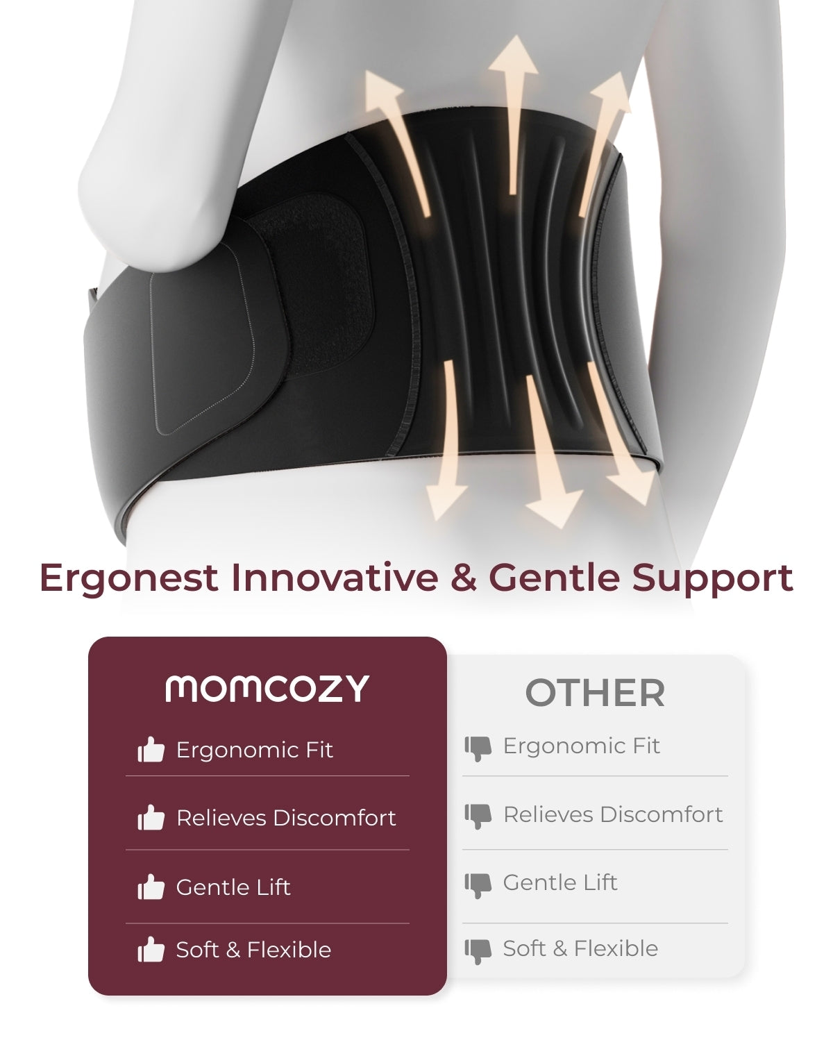 Black Momcozy Maternova belly band on mannequin showing airflow for breathability and ergonomic support.