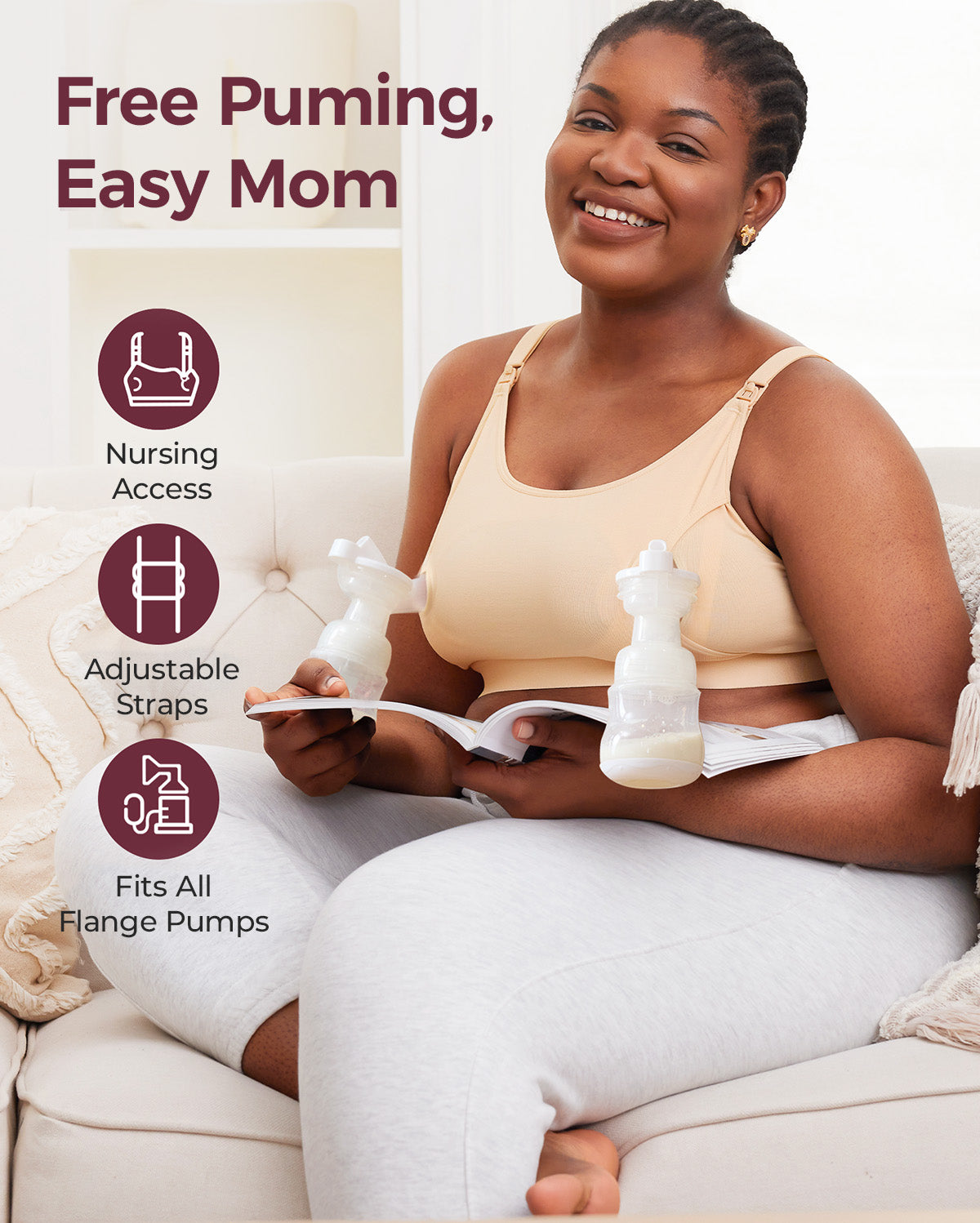 Smiling mom demonstrates comfortable hands-free pumping in beige YN08 bra with nursing access and adjustable straps.
