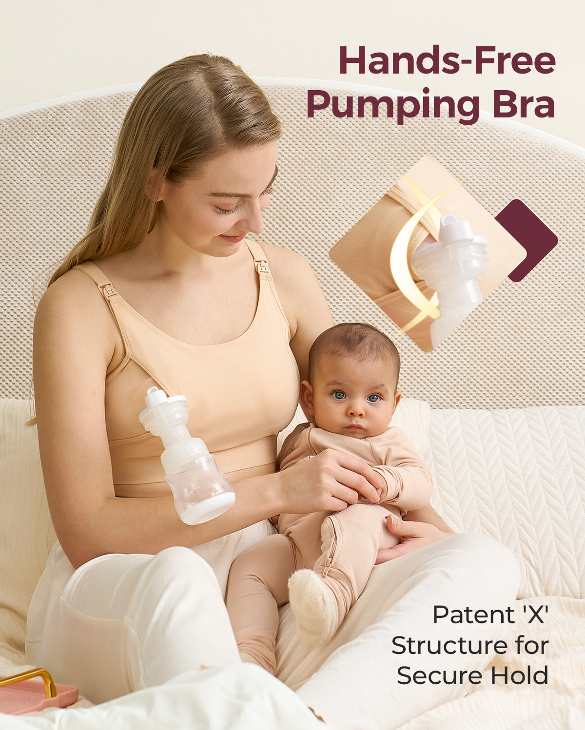 Blonde mom in nude YN08 hands-free pumping bra, bonding with baby. Highlights patented 'X' structure for secure pump hold.