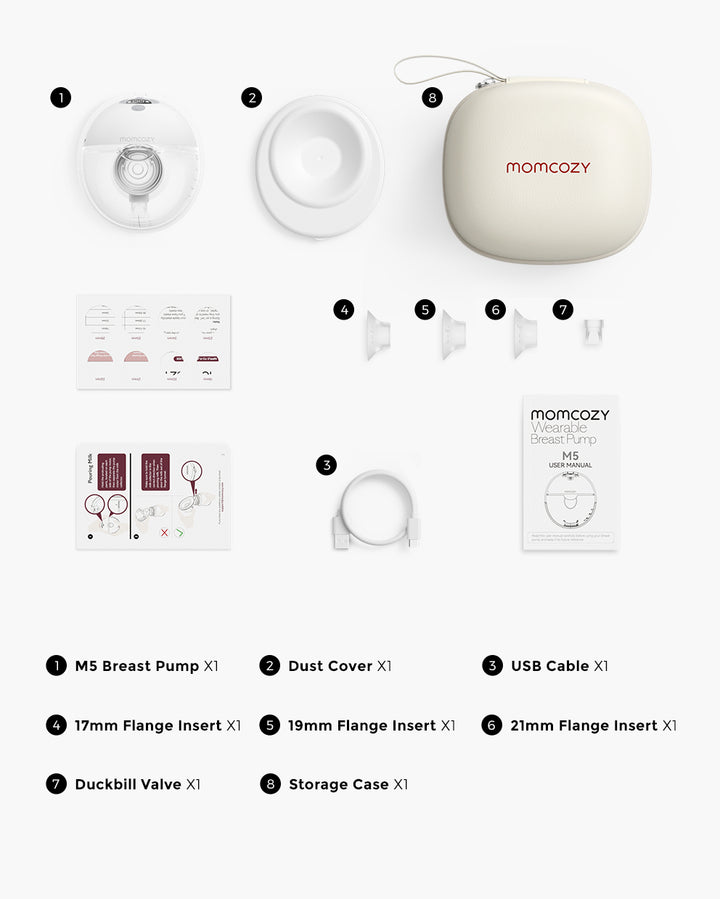 Components of Momcozy M5 Wearable Breast Pump including breast pump, dust cover, USB cable, flange inserts in 17mm, 19mm, and 21mm sizes, duckbill valve, and carrying case.