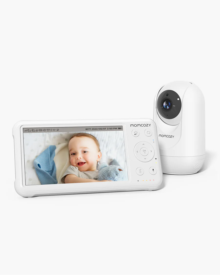 Momcozy 1080P High-Performance Video Baby Monitor BM01, white baby monitor showing a baby on screen.