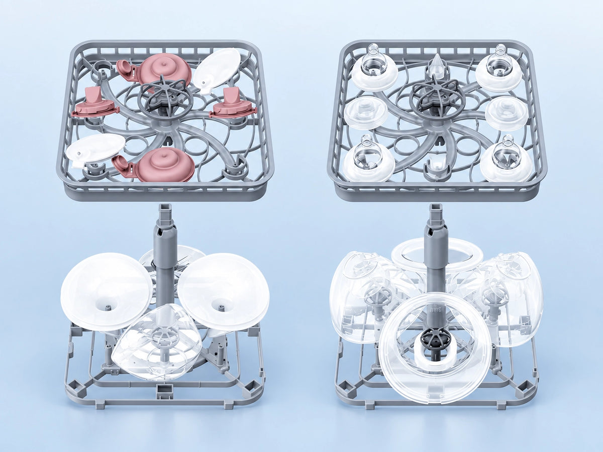 Infant bottles nipples caps and pump parts arranged inside a bottle washer