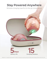 Wireless charging case with a hand placing a pink breast pump inside, on a white background.