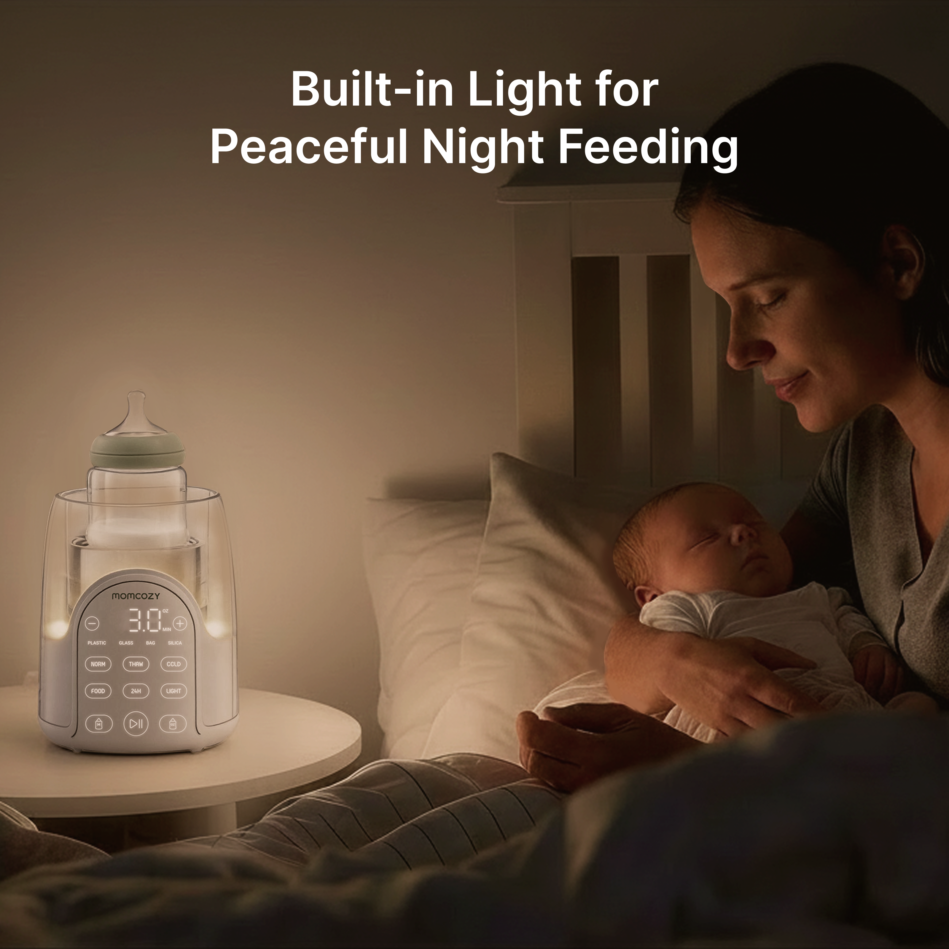 Momcozy NightPro baby bottle warmer for fast night feeding, compact beige design