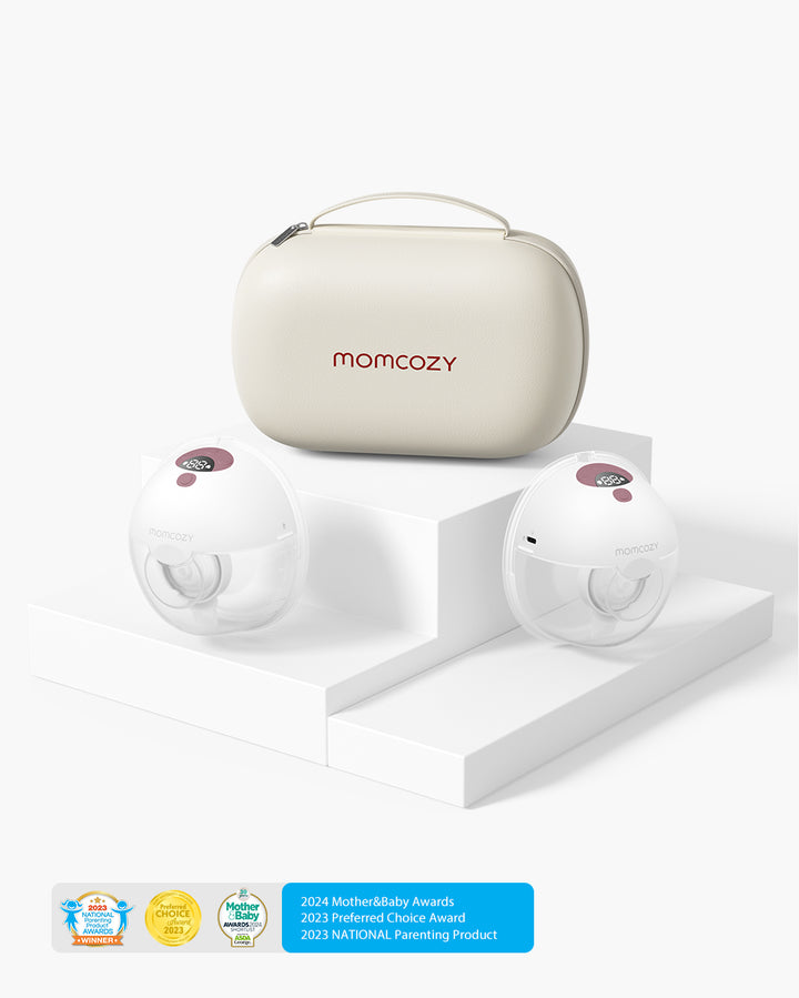 Momcozy M5 Wearable Breast Pump display with awards for Mother&Baby, Preferred Choice, and National Parenting Product