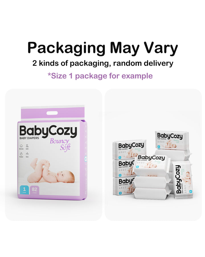 BabyCozy Bouncy Soft baby diapers packaging variations featuring a single larger pack and multiple smaller packs along with text indicating possible variations in packaging.