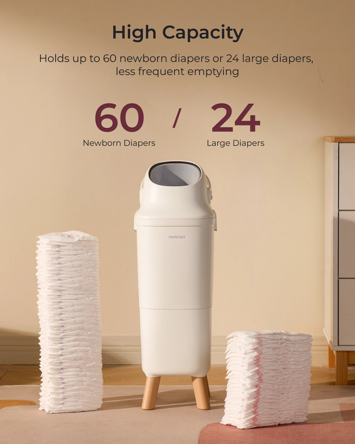 Momcozy Triple-Seal diaper pail in nursery with high-capacity 60/24 diaper storage