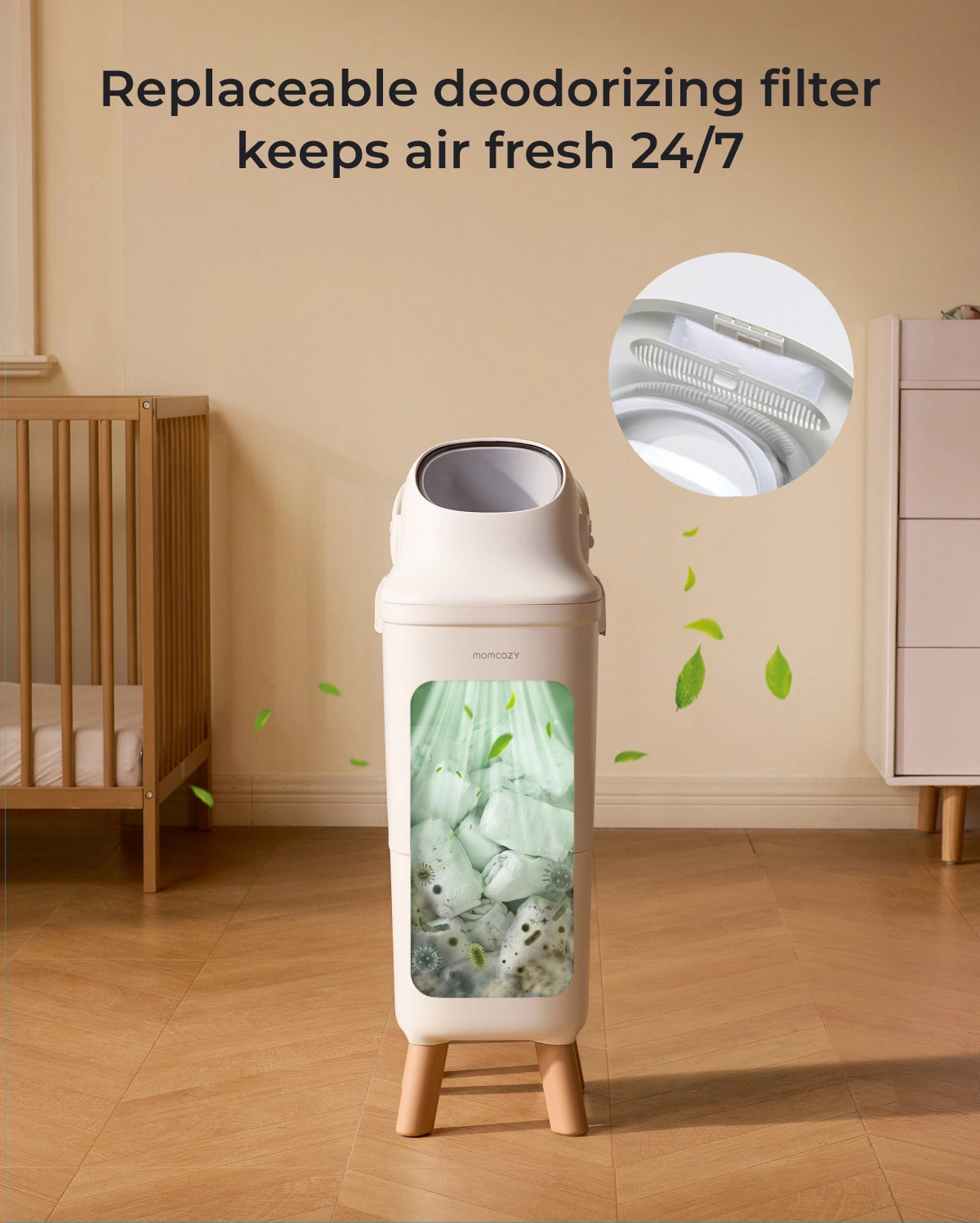 Momcozy Triple-Seal diaper pail with replaceable deodorizing filter, keeps air fresh 24/7