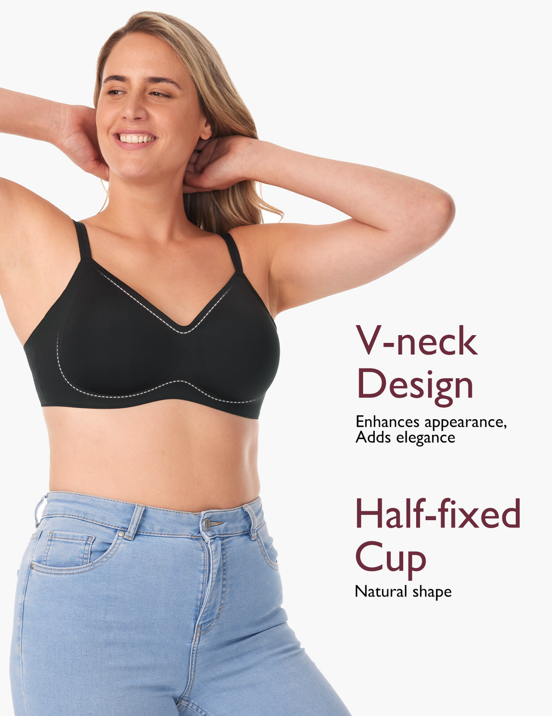 Woman wearing Momcozy 3-in-1 FlexiStyle Convertible Everyday Bra in black with V-neck design and half-fixed cup, standing with hands behind head and smiling. Text reads 'V-neck Design: Enhances appearance, Adds elegance' and 'Half-fixed Cup: Natural shape.'