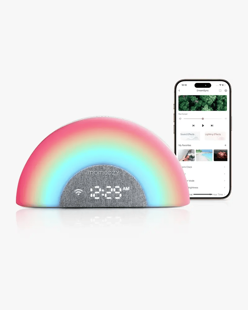  DreamSync™ Machine à sons portable Momcozy pour bébé – Bruit blanc, berceuses & lumière arc-en-ciel avec contrôle App