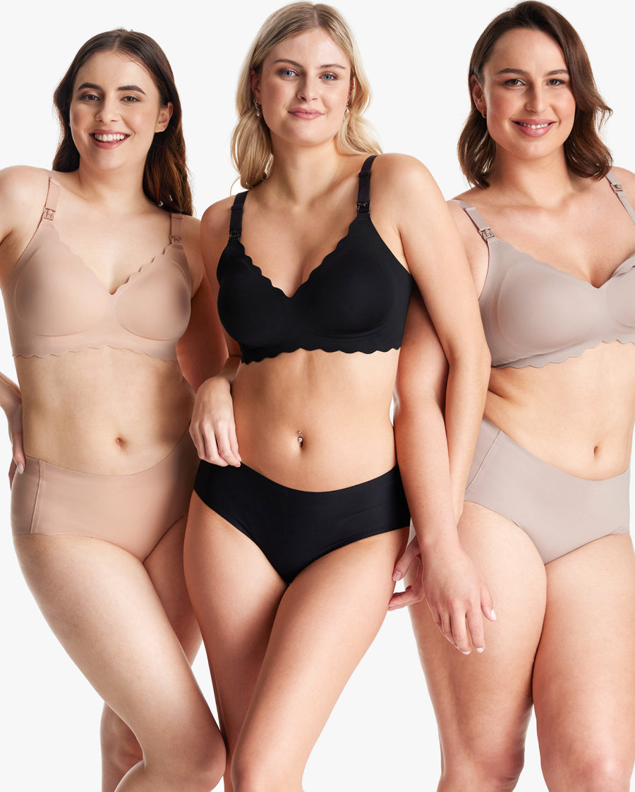 Jelly Strip Seamless Nursing Bra YN46 on diverse models in black, nude, taupe. Scalloped, M9 Pump nursing clips.