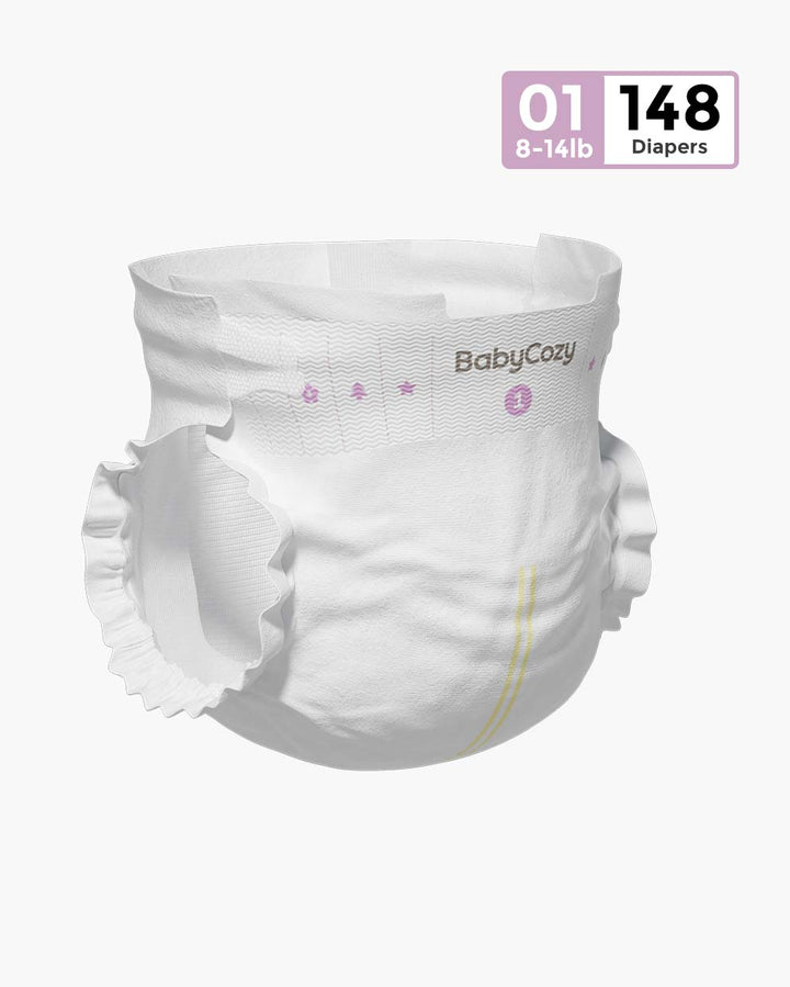 BabyCozy Softest Diapers size 01 for 8-14 lb babies, package of 148. Features white design with elastic leg cuffs.