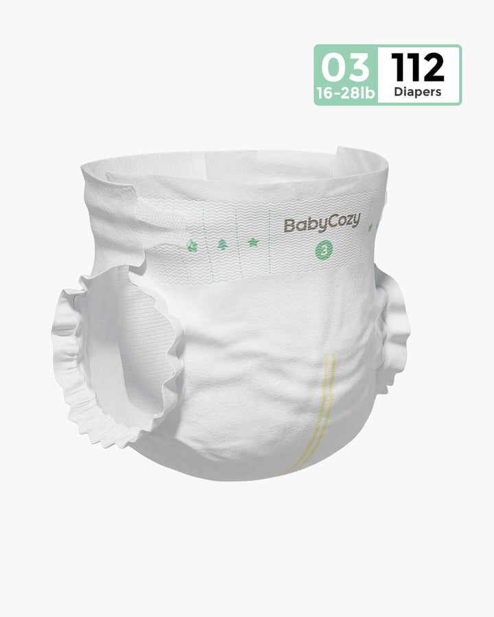 BabyCozy diaper size 03 for 16-28lb babies in a pack of 112, showcasing soft elastic waistband and leg cuffs for comfort