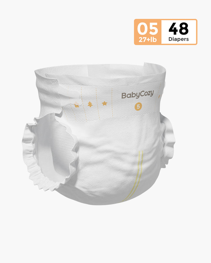 BabyCozy diaper size 5 for babies over 27 pounds, featuring yellow accents and the BabyCozy logo, pack of 48 diapers