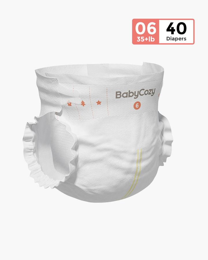 BabyCozy diaper size 6 for babies over 35 pounds with 40 diapers in a package, featuring ruffled edges and brand design