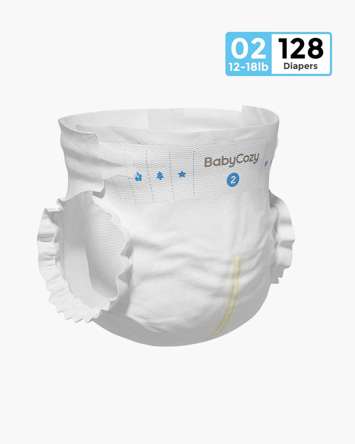 BabyCozy Softest Diaper for infants 12-18 lbs, size 2, featuring ruffled leg cuffs and a count of 128 diapers