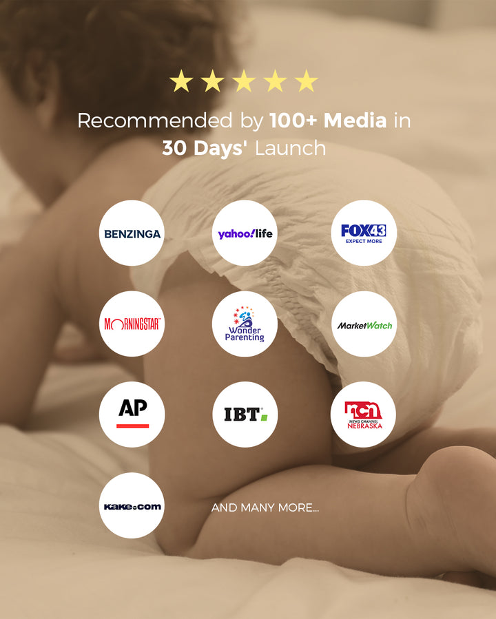 Baby wearing BabyCozy Softest Diapers, recommended by over 100 media outlets including Yahoo Life, FOX43, and MarketWatch within 30 days of launch