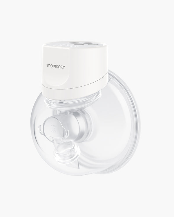 Side view of Momcozy S12 Pro Wearable Breast Pump with clear collection cup and dual-seal flanges for efficient pumping and visible milk measurement.