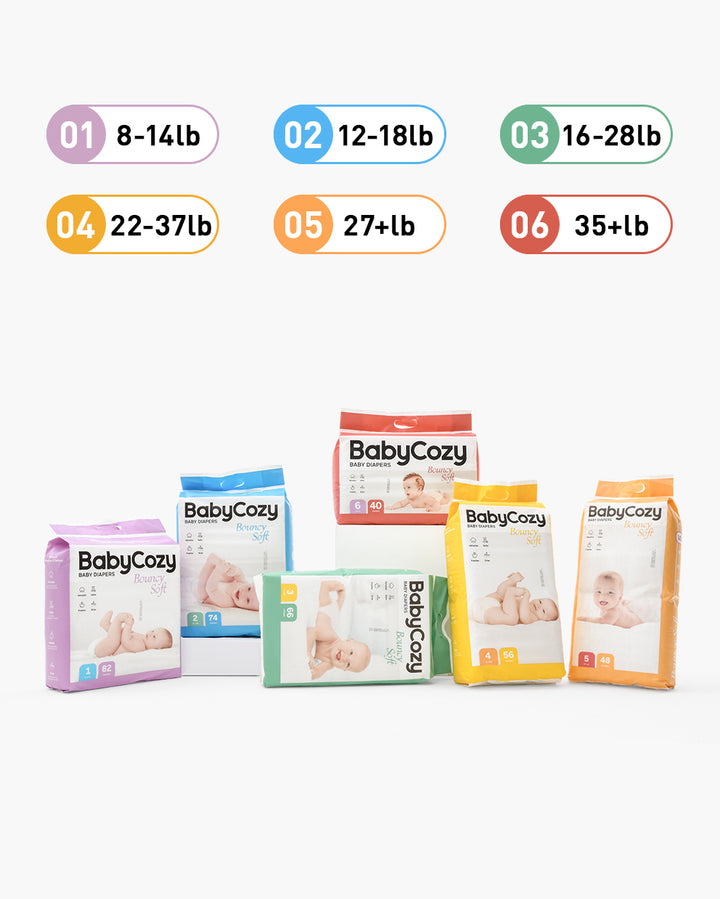 Assorted packages of BabyCozy diapers in various sizes ranging from 8-14lb to 35+lb, featuring images of babies on the packaging.