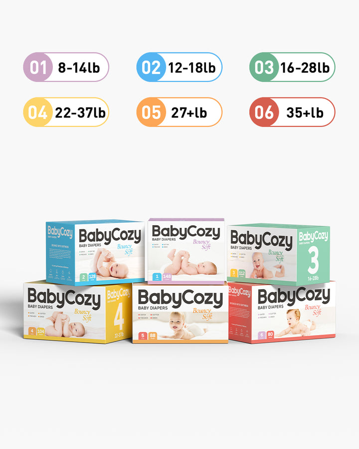 BabyCozy diapers by Momcozy in various sizes and color-coded packs, with weight ranges indicated for each size.