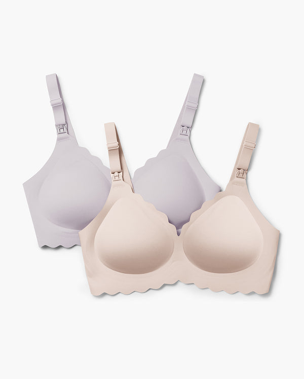 Light beige and lavender Jelly Strip Seamless Nursing Bras YN46, featuring scalloped edges and M9 Pump nursing clips.