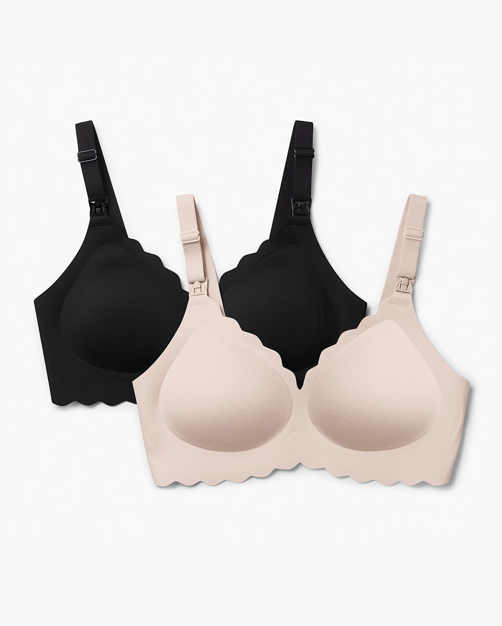 Two Jelly Strip Seamless Nursing Bras YN46: black & light beige. Scalloped molded design, M9 Pump compatible clips.